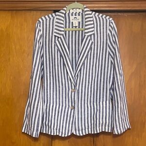 British Khaki 100% Linen Blazer Navy Blue White Striped Blazer Coastal Classic